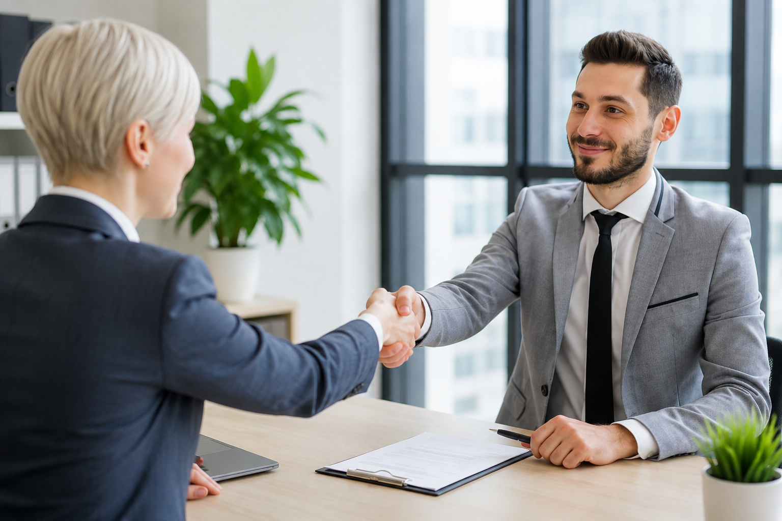 Recruiter and candidate shaking hands after a job interview