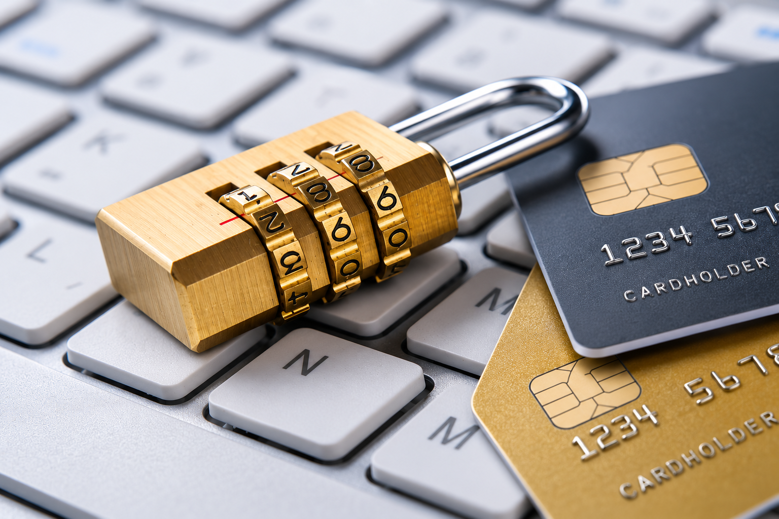 Padlock resting on a computer keyboard, representing exam security
